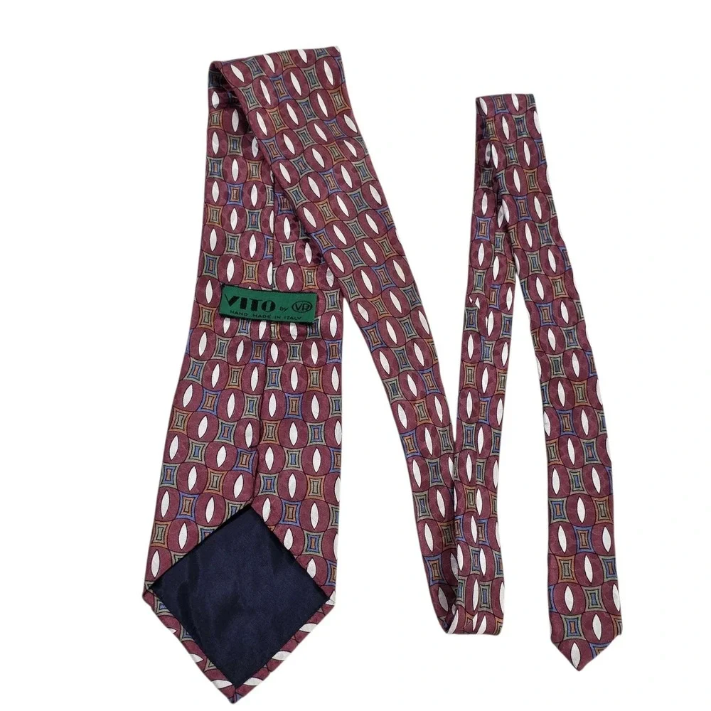 VITO by VR Mens Silk Tie Burgundy Geometric Pattern Necktie Hand Made in Italy